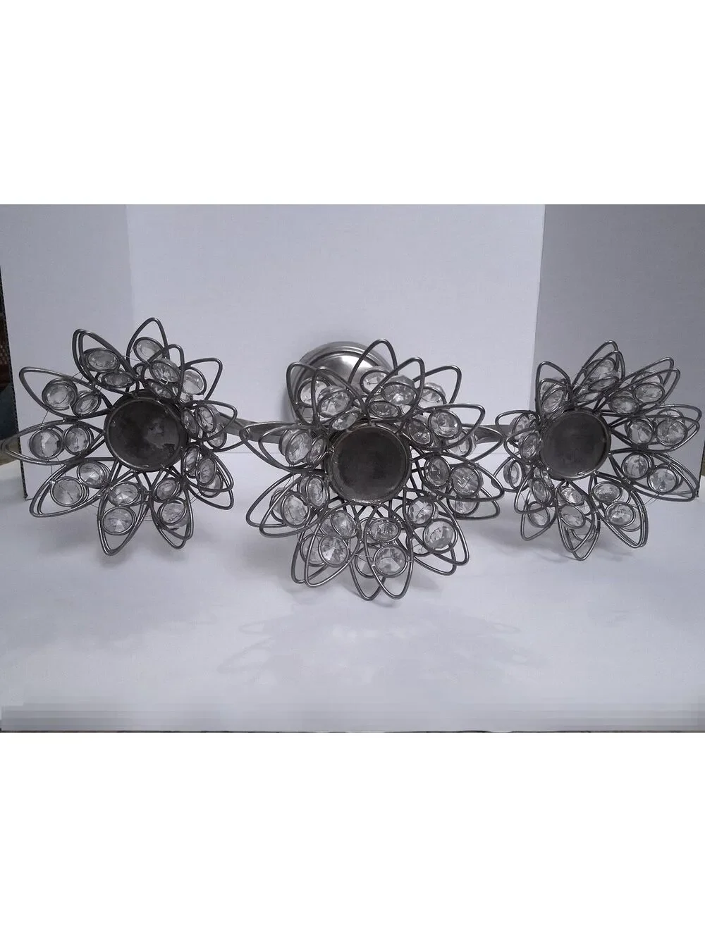 Elegant 3-Arm Silver Metal Candelabra with Crystal Beaded Flower Cups
